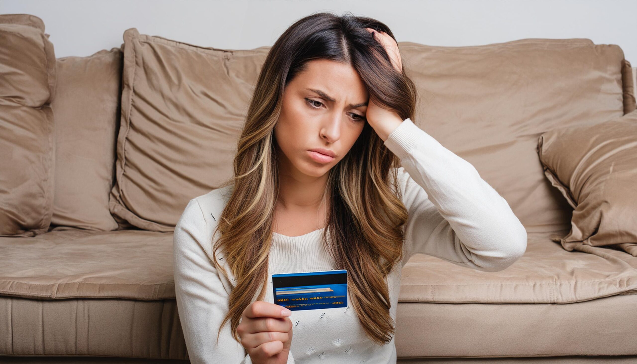 A young woman looking sad while holding a credit card. She has credit card debts.